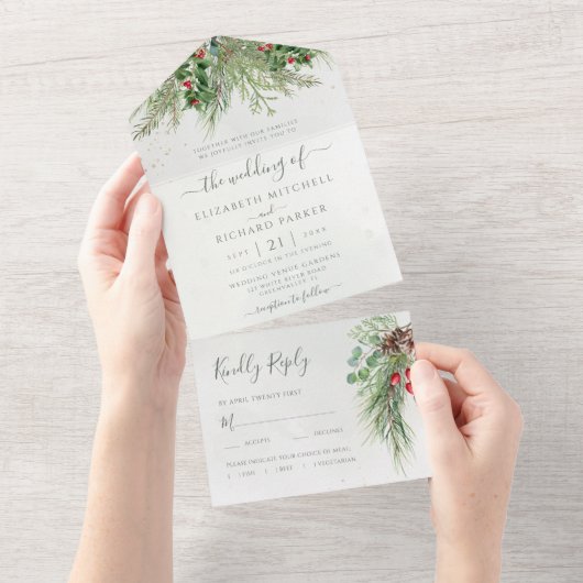 Rustic Winter Berries Pine Cone Greenery All In One Uitnodiging (Afscheurbaar)