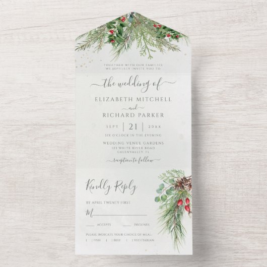 Rustic Winter Berries Pine Cone Greenery All In One Uitnodiging (Binnen)