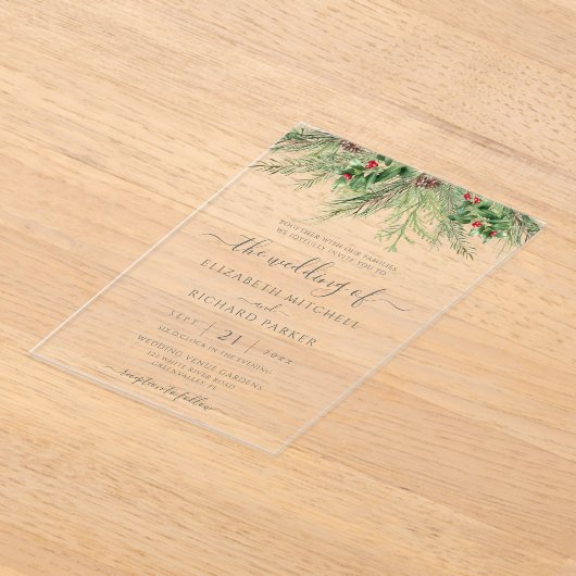 Rustic Winter Berries Pine Cone Greenery Wedding Acryl Uitnodigingen (Laagn)