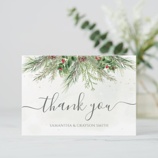Rustic Winter Berries Pine Cone Greenery Wedding Bedankkaart (Staand voorkant)