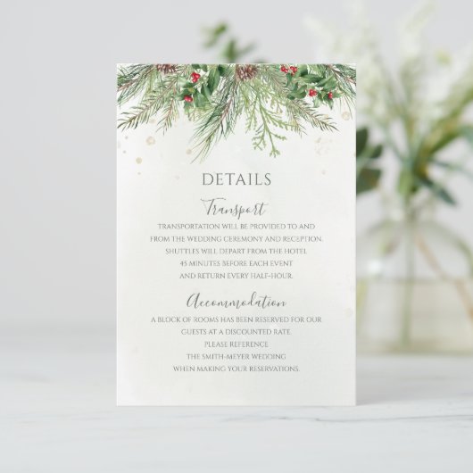 Rustic Winter Berries Pine Cone Greenery Wedding Informatiekaartje (Staand voorkant)