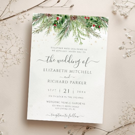 Rustic Winter Berries Pine Cone Greenery Wedding Kaart