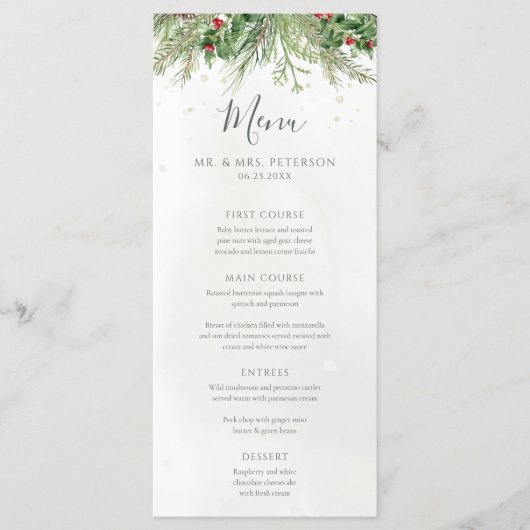 Rustic Winter Berries Pine Cone Greenery Wedding Menu (Voorkant)