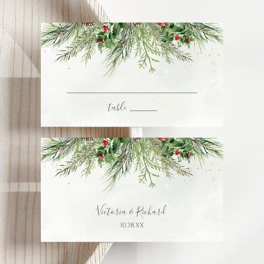 Rustic Winter Berries Pine Cone Greenery Wedding Plaatskaartje