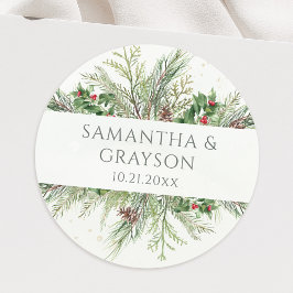Rustic Winter Berries Pine Cone Greenery Wedding Ronde Sticker