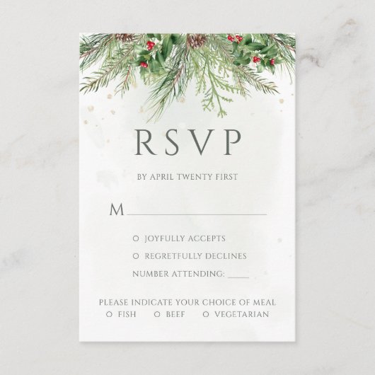 Rustic Winter Berries Pine Cone Greenery Wedding RSVP Kaartje (Voorkant)