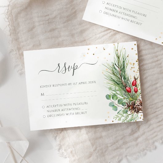 Rustic Winter Berries Pine Cone Greenery Wedding RSVP Kaartje