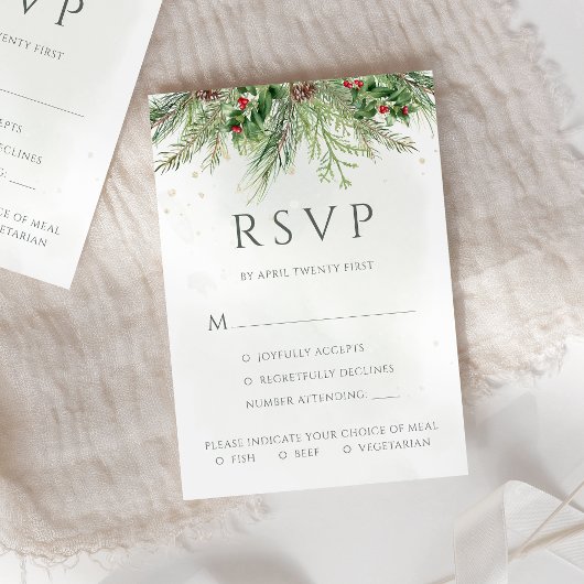 Rustic Winter Berries Pine Cone Greenery Wedding RSVP Kaartje