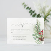 Rustic Winter Berries Pine Cone Greenery Wedding RSVP Kaartje (Staand voorkant)