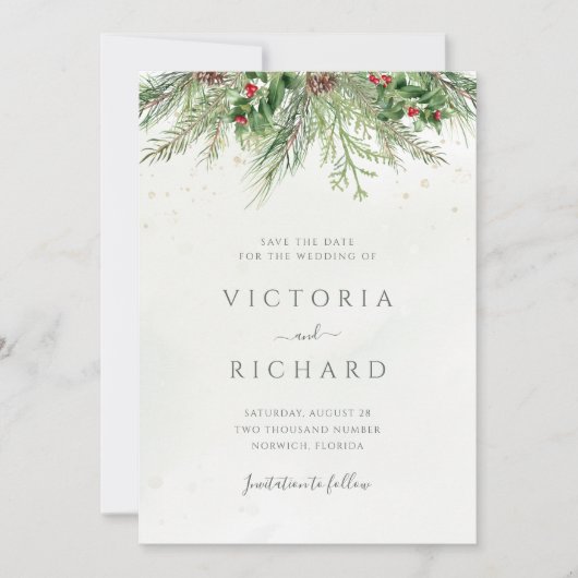 Rustic Winter Berries Pine Cone Greenery Wedding Save The Date (Voorkant)