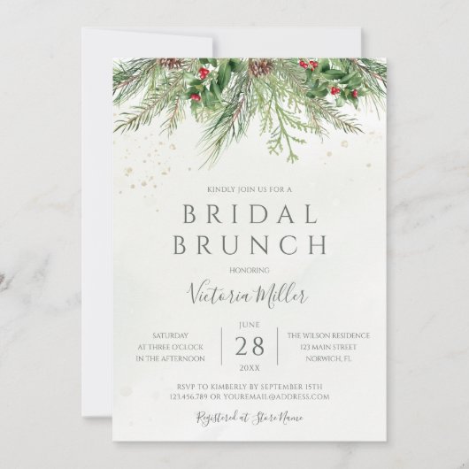 Rustic Winter Berries Pine Greenery Bridal Brunch Kaart (Voorkant)