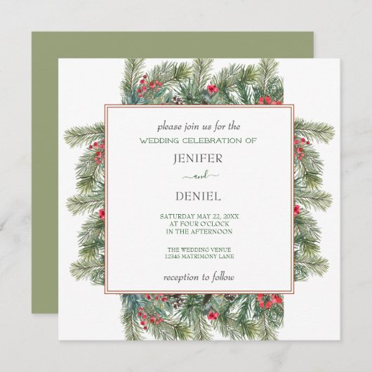 Rustic Winter Berry Pine Greenery Wedding Kaart (Voorkant / Achterkant)