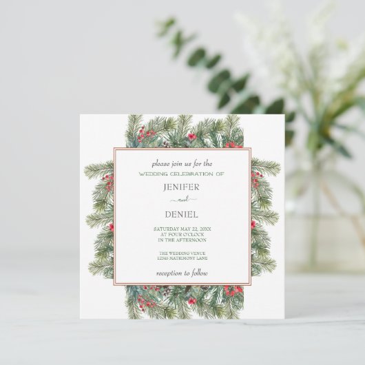 Rustic Winter Berry Pine Greenery Wedding Kaart (Staand voorkant)