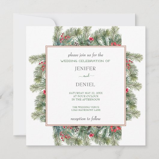 Rustic Winter Berry Pine Greenery Wedding Kaart (Voorkant)