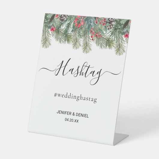 Rustic Winter Berry Pine Greenery Wedding Reclamebord Met Voetstuk (Voorkant)