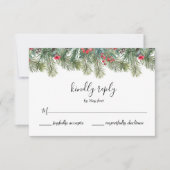 Rustic Winter Berry Pine Greenery Wedding RSVP Kaartje (Voorkant)