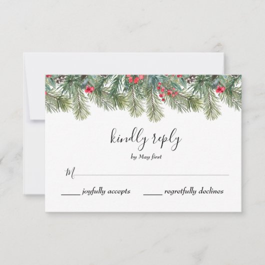 Rustic Winter Berry Pine Greenery Wedding RSVP Kaartje (Voorkant)