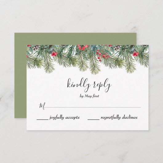 Rustic Winter Berry Pine Greenery Wedding RSVP Kaartje (Voorkant / Achterkant)