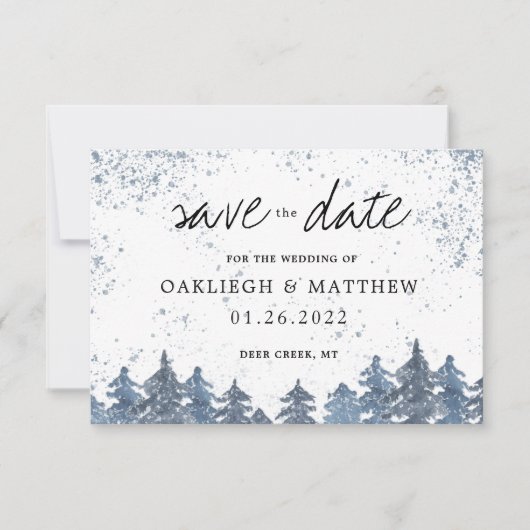 Rustic Winter Bleek Blue Forest Save the Date (Voorkant)