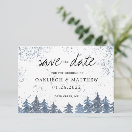 Rustic Winter Bleek Blue Forest Save the Date (Staand voorkant)