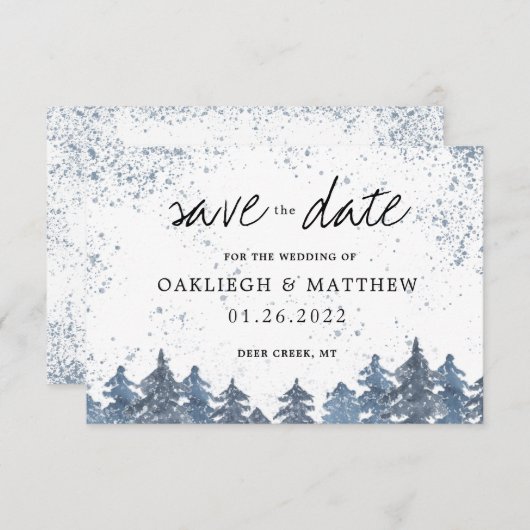 Rustic Winter Bleek Blue Forest Save the Date (Voorkant / Achterkant)