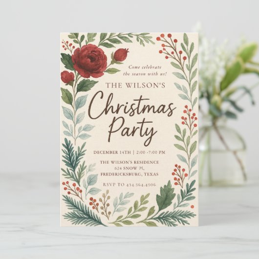 Rustic Winter Blooms Christmas Invitation Kaart (Staand voorkant)
