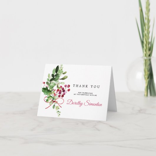 Rustic Winter Botanical 70th Birthday Photo Bedankkaart (Voorkant)