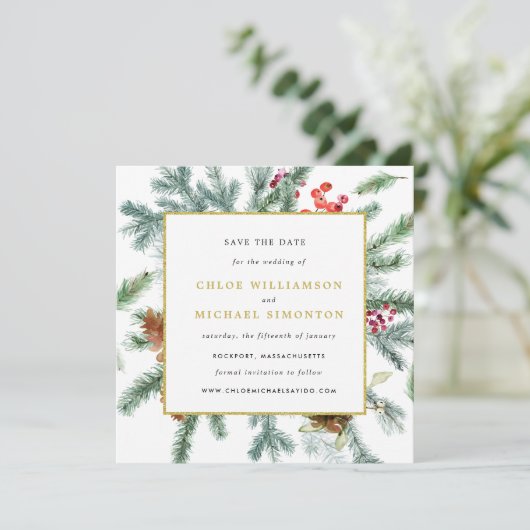 Rustic Winter Botanical Wedding Save The Date (Staand voorkant)
