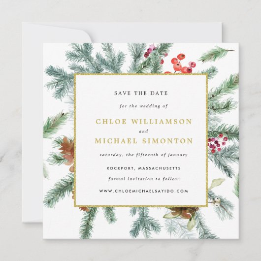Rustic Winter Botanical Wedding Save The Date (Voorkant)