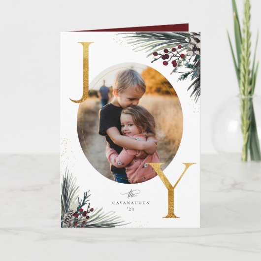 Rustic Winter Boughs Golden Joy 5 Foto Feestdagen Kaart (Voorkant)