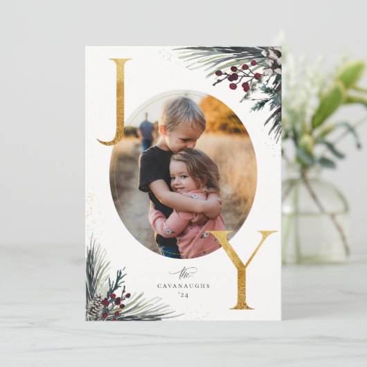 Rustic Winter Boughs Golden Joy Foto Feestdagenkaart (Staand voorkant)