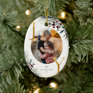 Rustic Winter Boughs Golden Joy Foto Keramisch Ornament