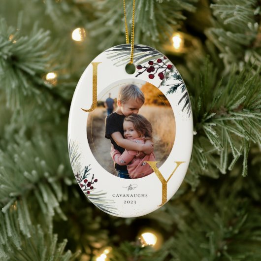 Rustic Winter Boughs Golden Joy Foto Keramisch Ornament (Boom)