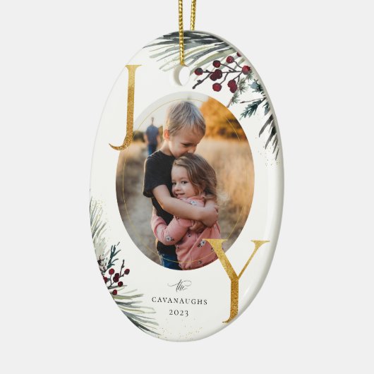 Rustic Winter Boughs Golden Joy Foto Keramisch Ornament (Links)