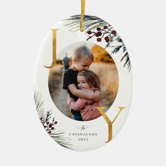 Rustic Winter Boughs Golden Joy Foto Keramisch Ornament (Voorkant)