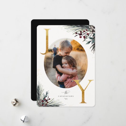 Rustic Winter Boughs Golden Joy Photo Holiday Card Feestdagenkaart (Voorkant / Achterkant in situ)