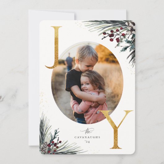 Rustic Winter Boughs Golden Joy Photo Holiday Card Feestdagenkaart (Voorkant)