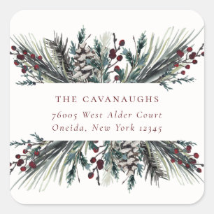 Rustic Winter Boughs Holiday Adres Vierkante Sticker