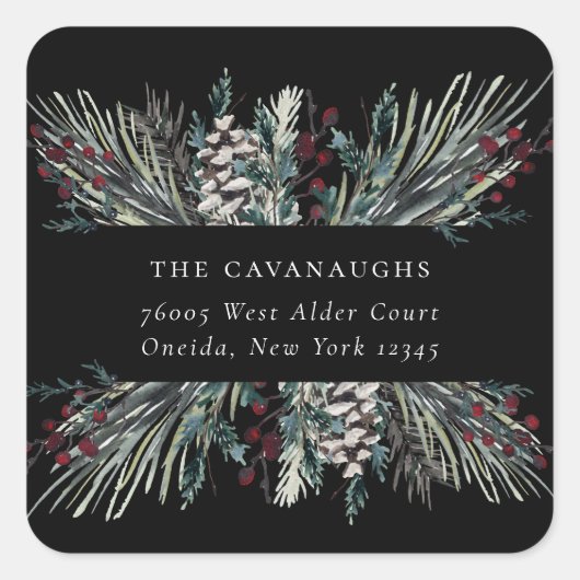 Rustic Winter Boughs Holiday Adres Vierkante Sticker (Voorkant)