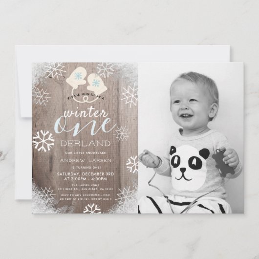 Rustic Winter Boy's 1st Birthday Fotouitnodiging Kaart (Voorkant)