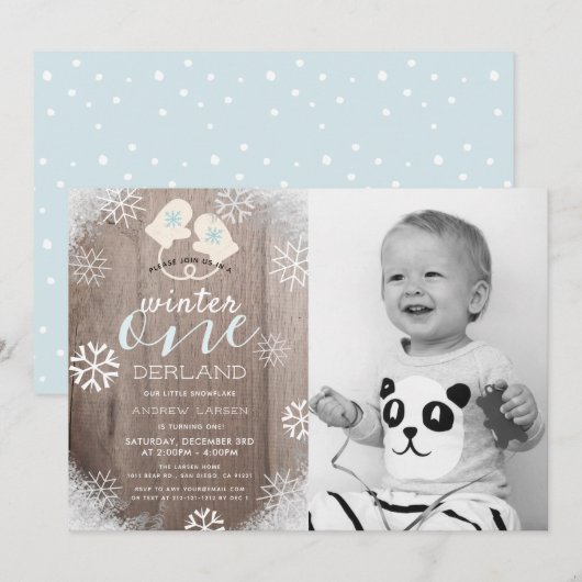 Rustic Winter Boy's 1st Birthday Fotouitnodiging Kaart (Voorkant / Achterkant)