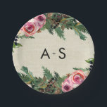 Rustic Winter Burlap Pine Roos Wedding Monogram Papieren Bordje<br><div class="desc">Rustieke Winter Burlap Pine Roos Waterverf Floral Wreath Country Chic Design. Bruiloft papieren Borden met trendy Hand Lettered Script lettertype! ~ Controleer mijn winkel om het hele bruiloft collectie te zien met dit ontwerp!</div>