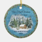Rustic Winter Cabin Eerste Kerstmis Nieuwe Thuisfo Keramisch Ornament (Voorkant)