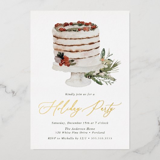 Rustic Winter Cake Holiday Folie Uitnodiging (Voorkant)