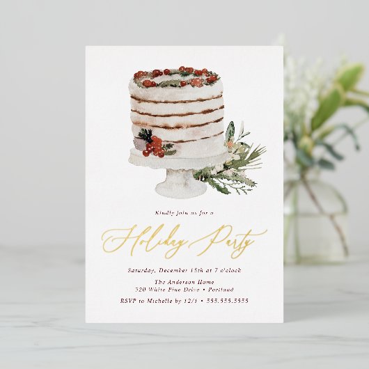Rustic Winter Cake Holiday Folie Uitnodiging (Staand Voorkant)