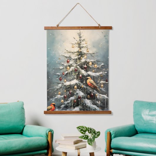 Rustic Winter Christmas Tree Snowy Red Birds  Hangend Wandkleed (Woonkamer)
