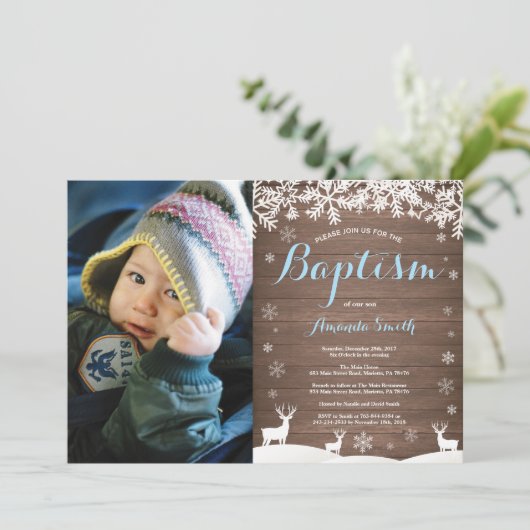 Rustic Winter Deer Baptism Boy Fotouitnodiging Kaart (Staand voorkant)
