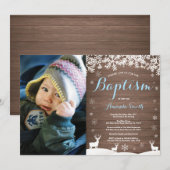 Rustic Winter Deer Baptism Boy Fotouitnodiging Kaart (Voorkant / Achterkant)