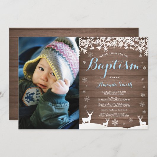 Rustic Winter Deer Baptism Boy Fotouitnodiging Kaart (Voorkant / Achterkant)