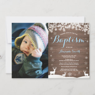 Rustic Winter Deer Baptism Boy Fotouitnodiging Kaart
